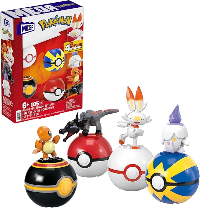 MEGA Pokémon Building Toys Set Fire-Type Trainer Team with 105 Pieces, 4 Poseable Character, 2 Inches Tall, for Kids